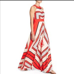 Scarf print crepe de chine fit and flare maxi dress